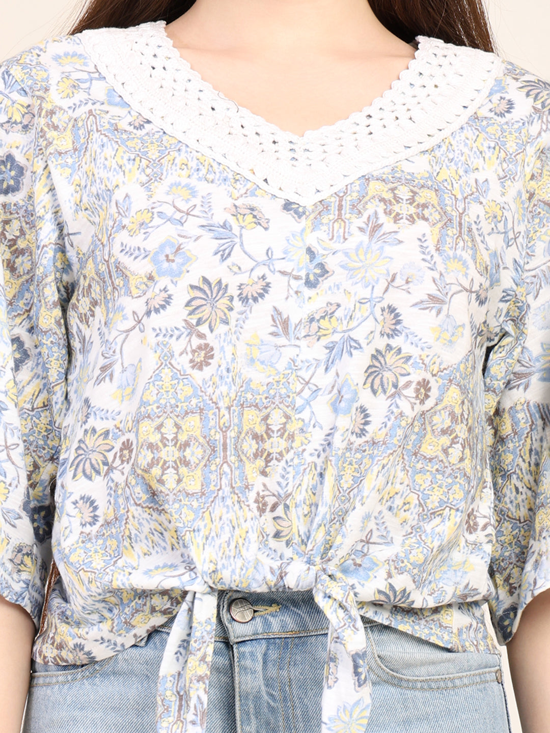 Jersey Printed Top with Crochet Neck Patch & Waist Tie-Up