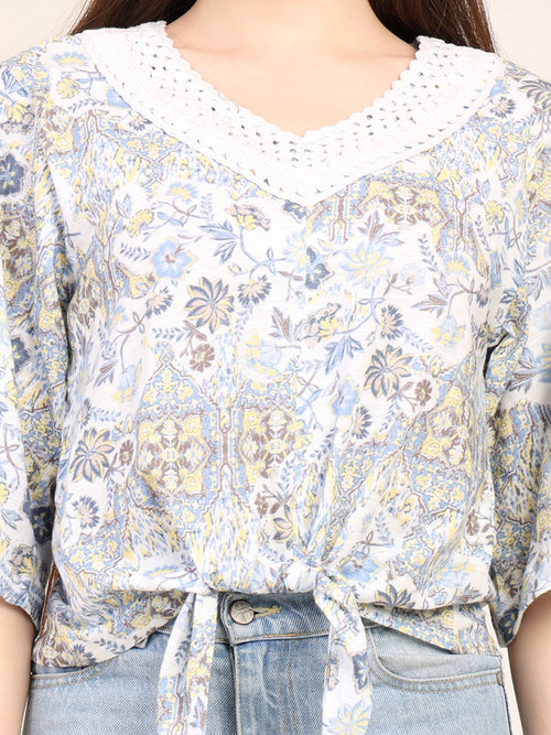 Jersey Printed Top with Crochet Neck Patch & Waist Tie-Up