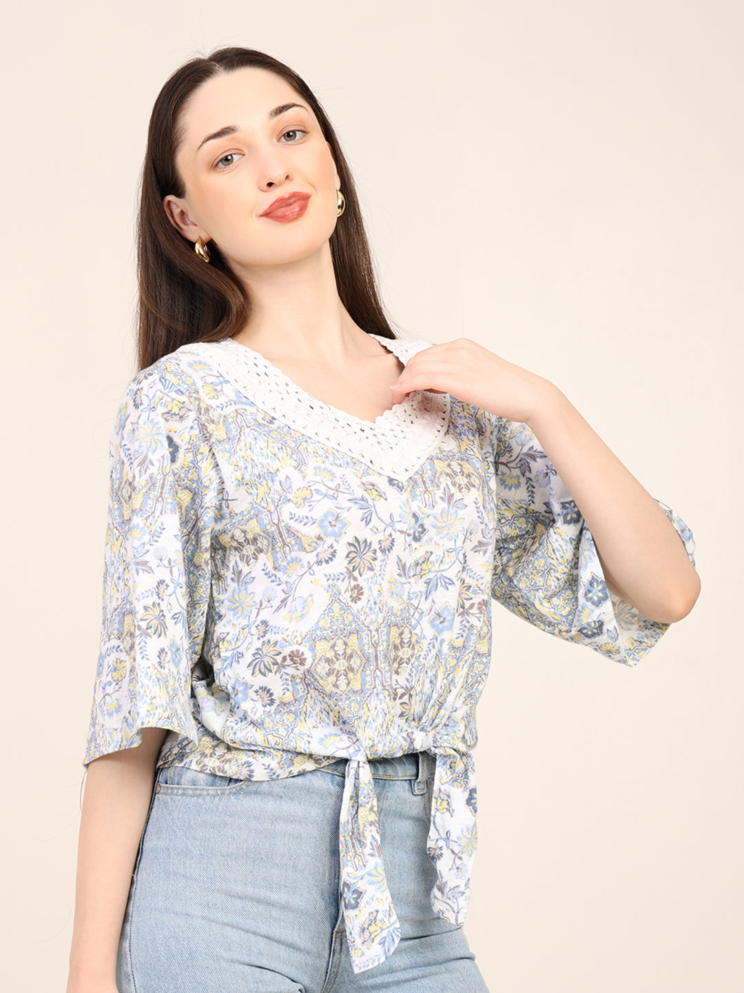 Jersey Printed Top with Crochet Neck Patch & Waist Tie-Up