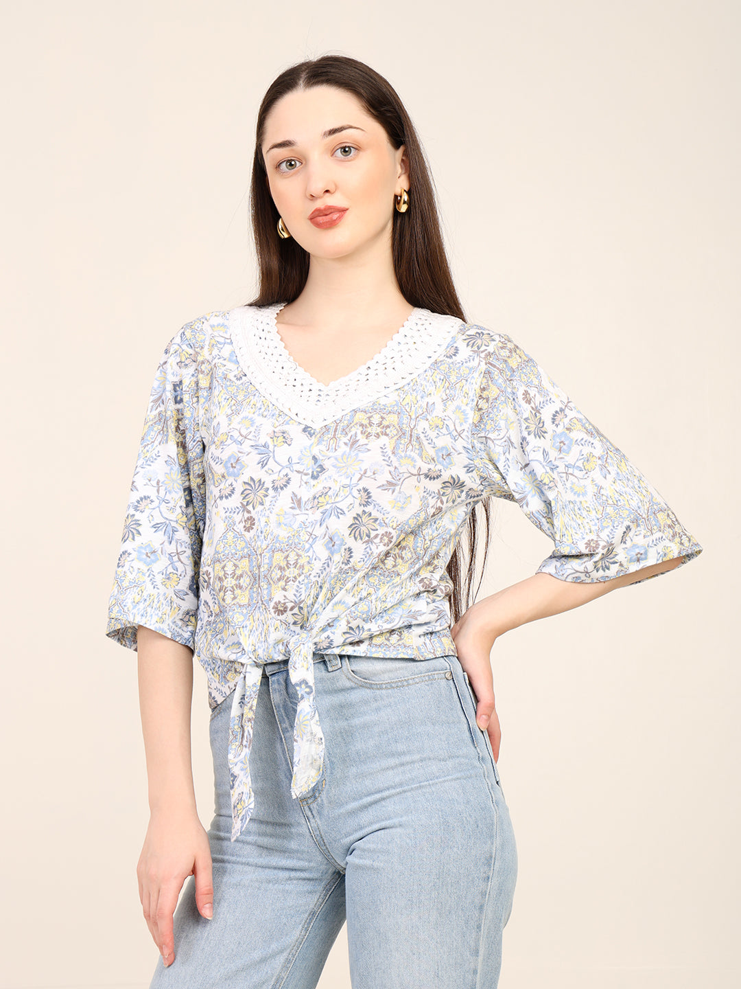 Jersey Printed Top with Crochet Neck Patch & Waist Tie-Up