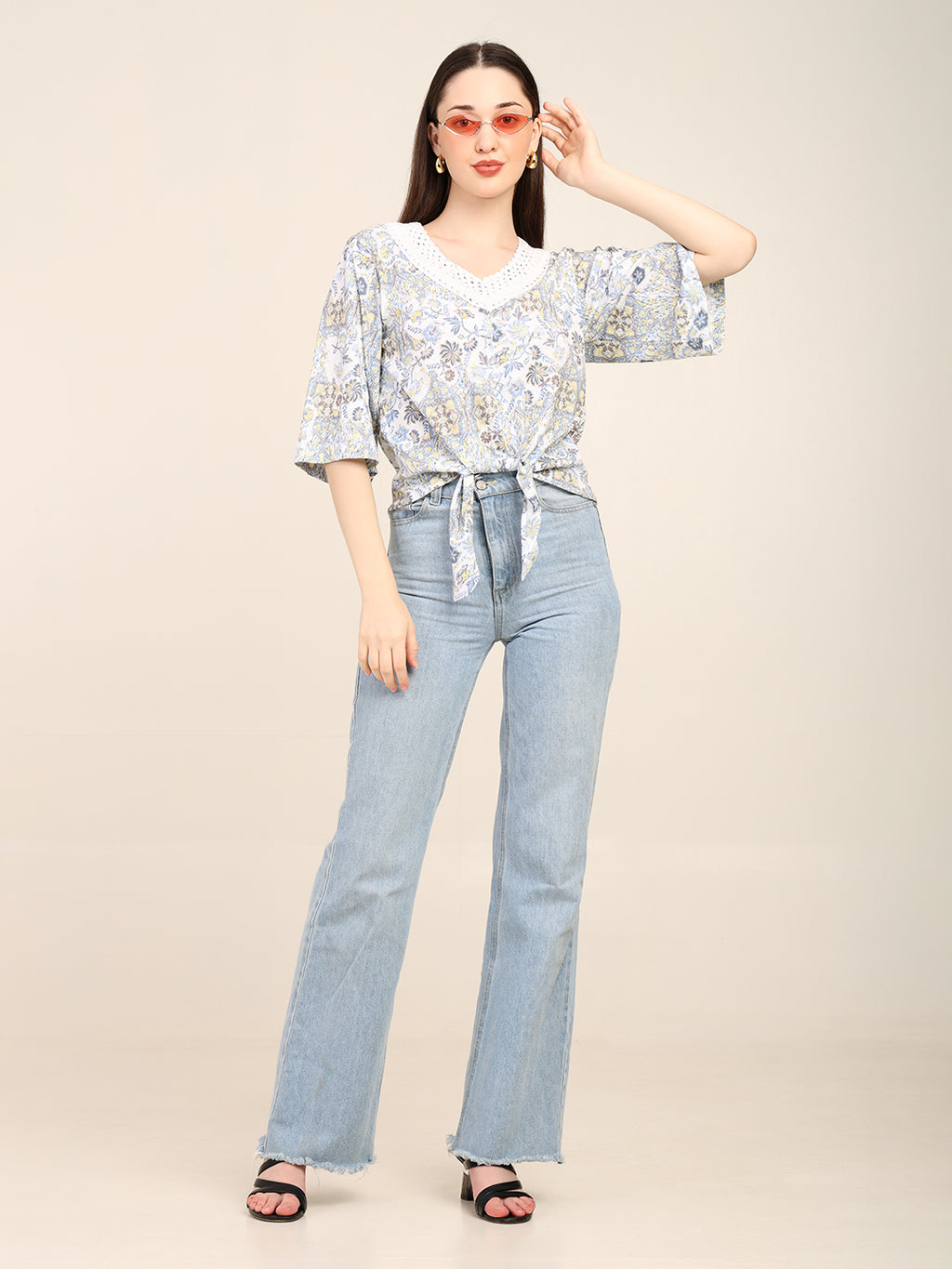 Jersey Printed Top with Crochet Neck Patch & Waist Tie-Up