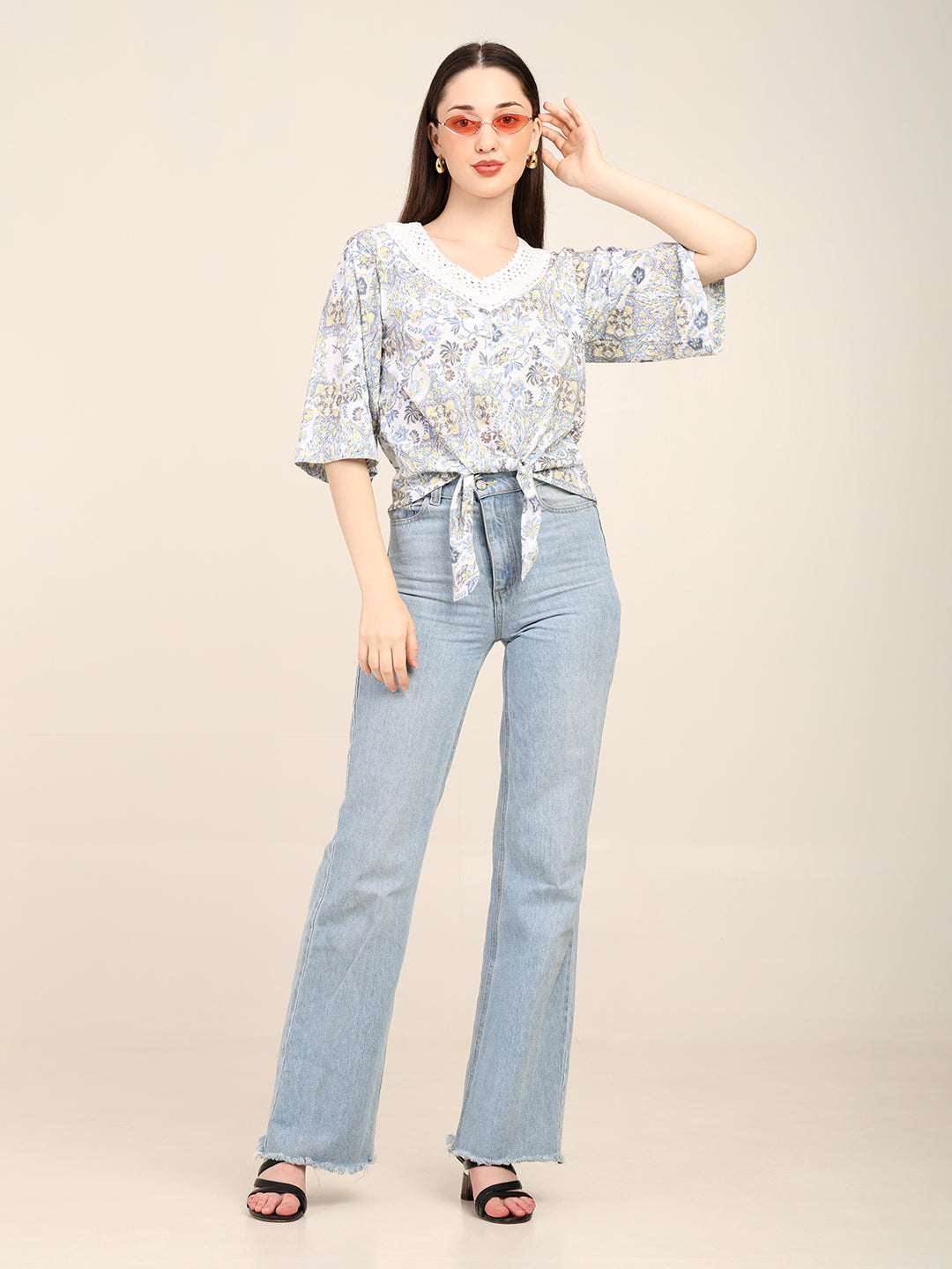 Jersey Printed Top with Crochet Neck Patch & Waist Tie-Up