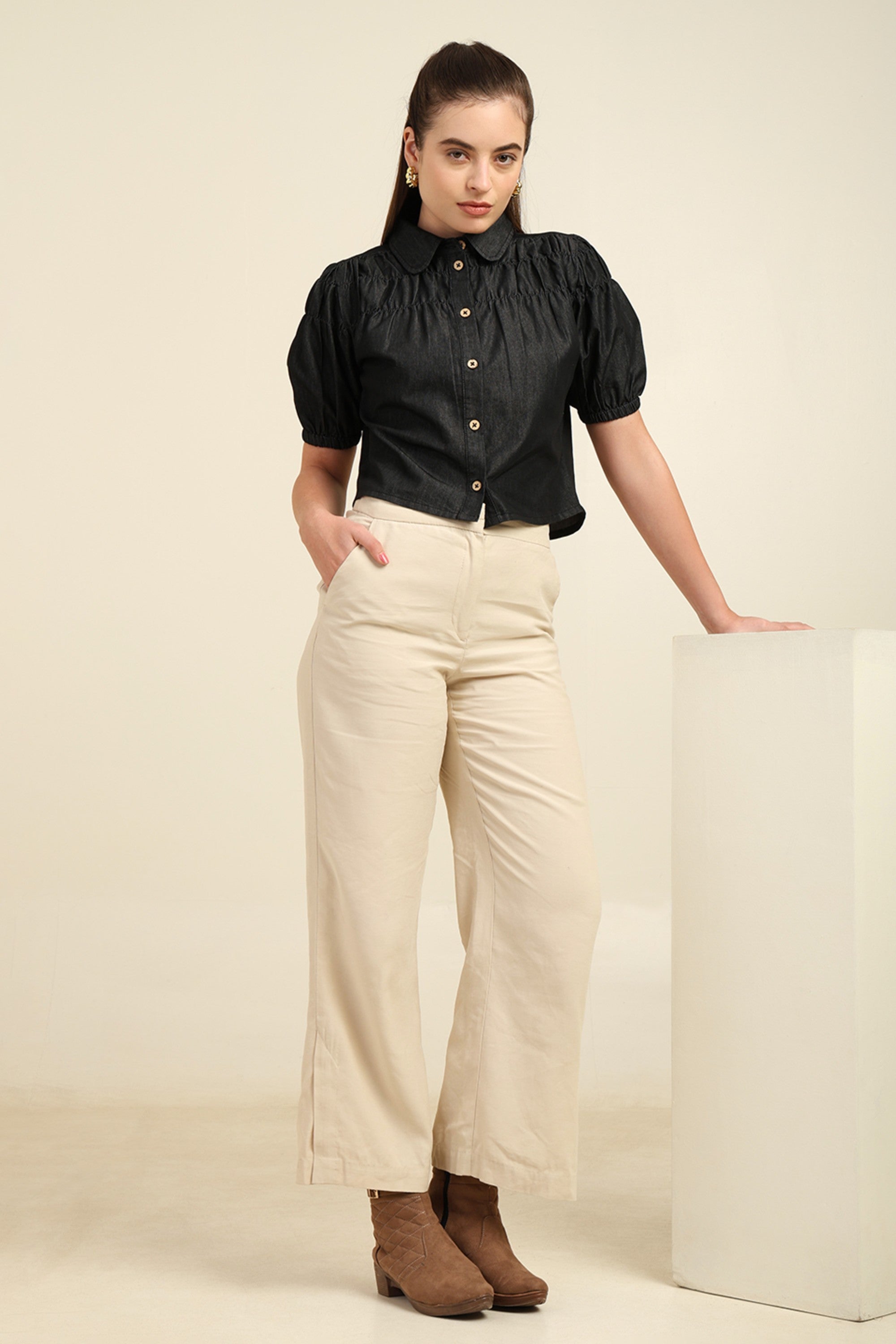 Women's Denim Puff Sleeve Shirt Top