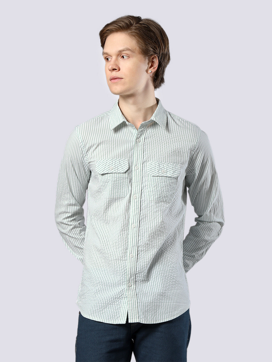 Men's Green Striped Pure Cotton Seersucker Shirt