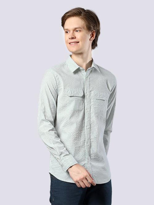 Men's Green Striped Pure Cotton Seersucker Shirt