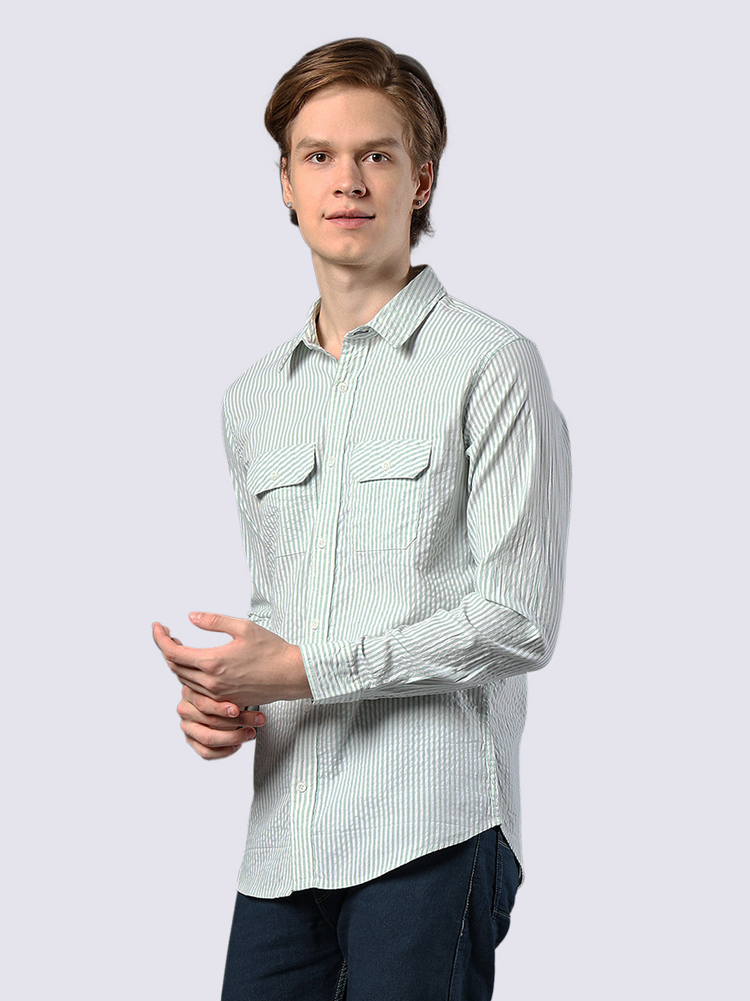 Men's Green Striped Pure Cotton Seersucker Shirt