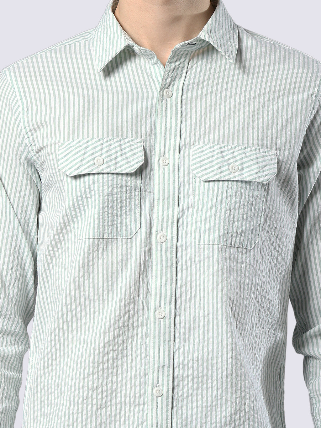 Men's Green Striped Pure Cotton Seersucker Shirt