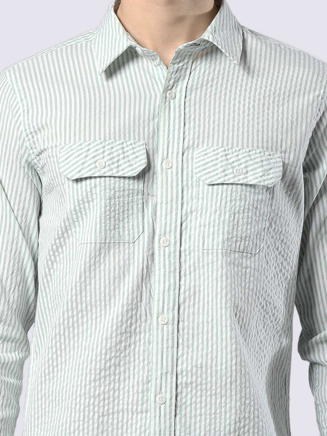 Men's Green Striped Pure Cotton Seersucker Shirt