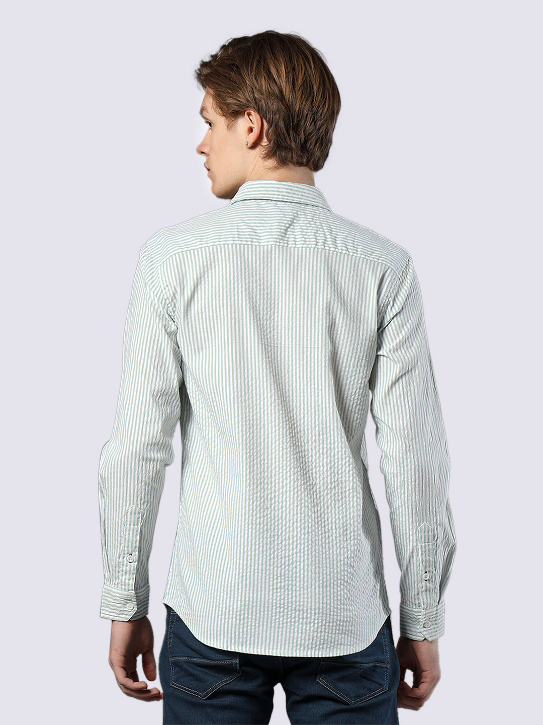 Men's Green Striped Pure Cotton Seersucker Shirt