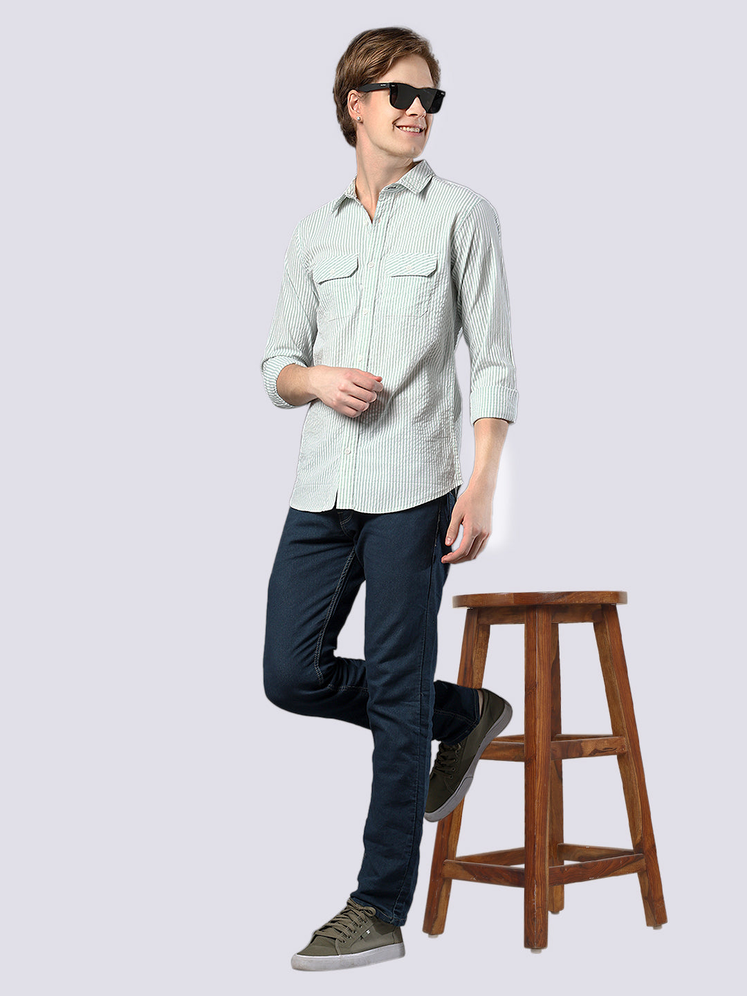 Men's Green Striped Pure Cotton Seersucker Shirt