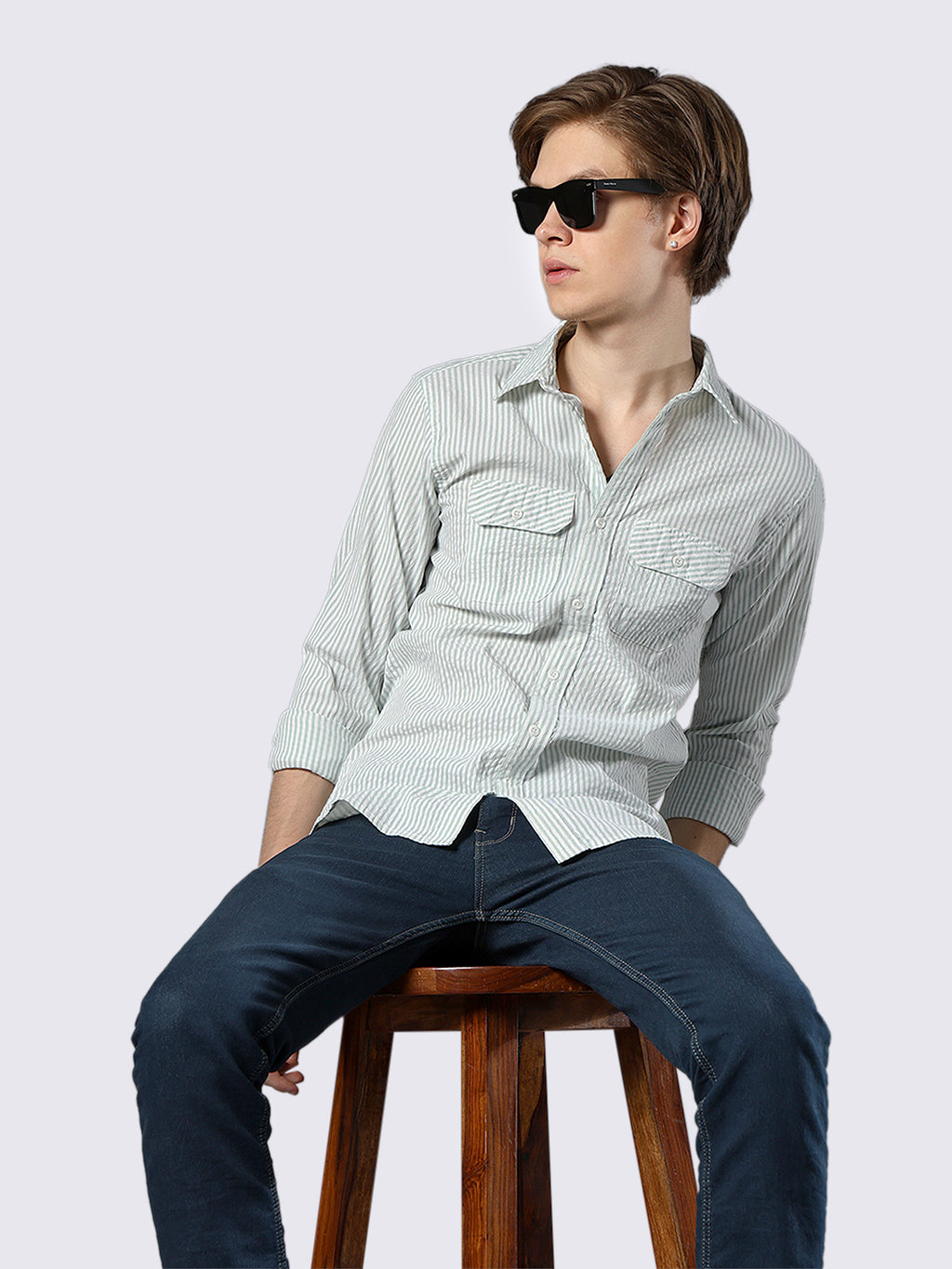 Men's Green Striped Pure Cotton Seersucker Shirt