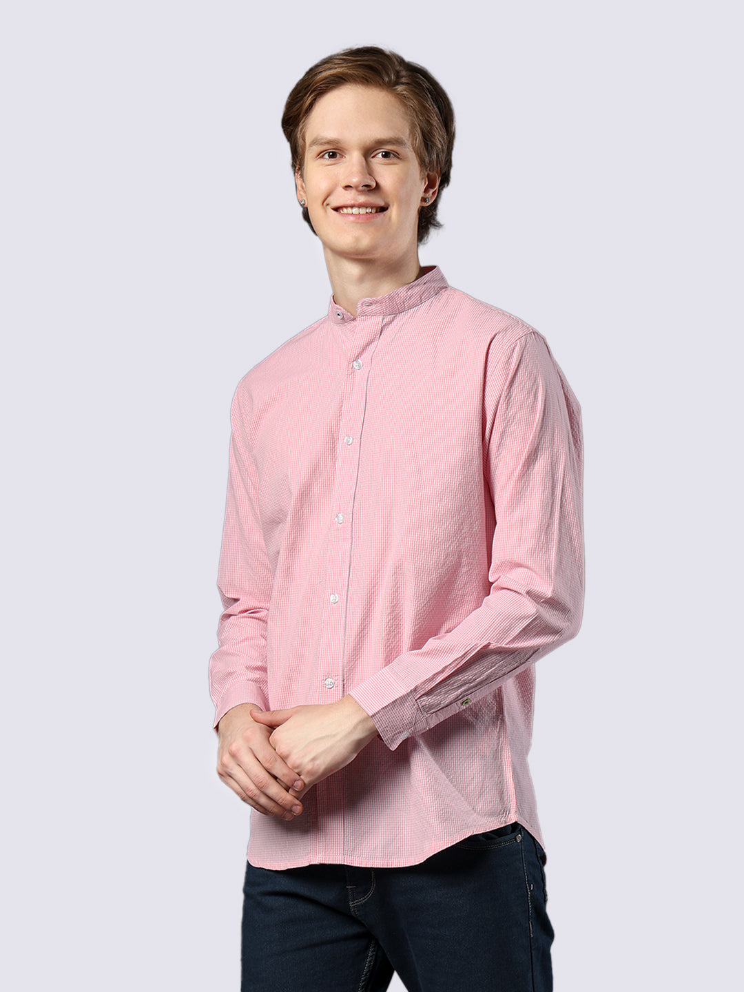 Men's Pink Mini-Checked Pure Cotton Comfort Fit Shirt