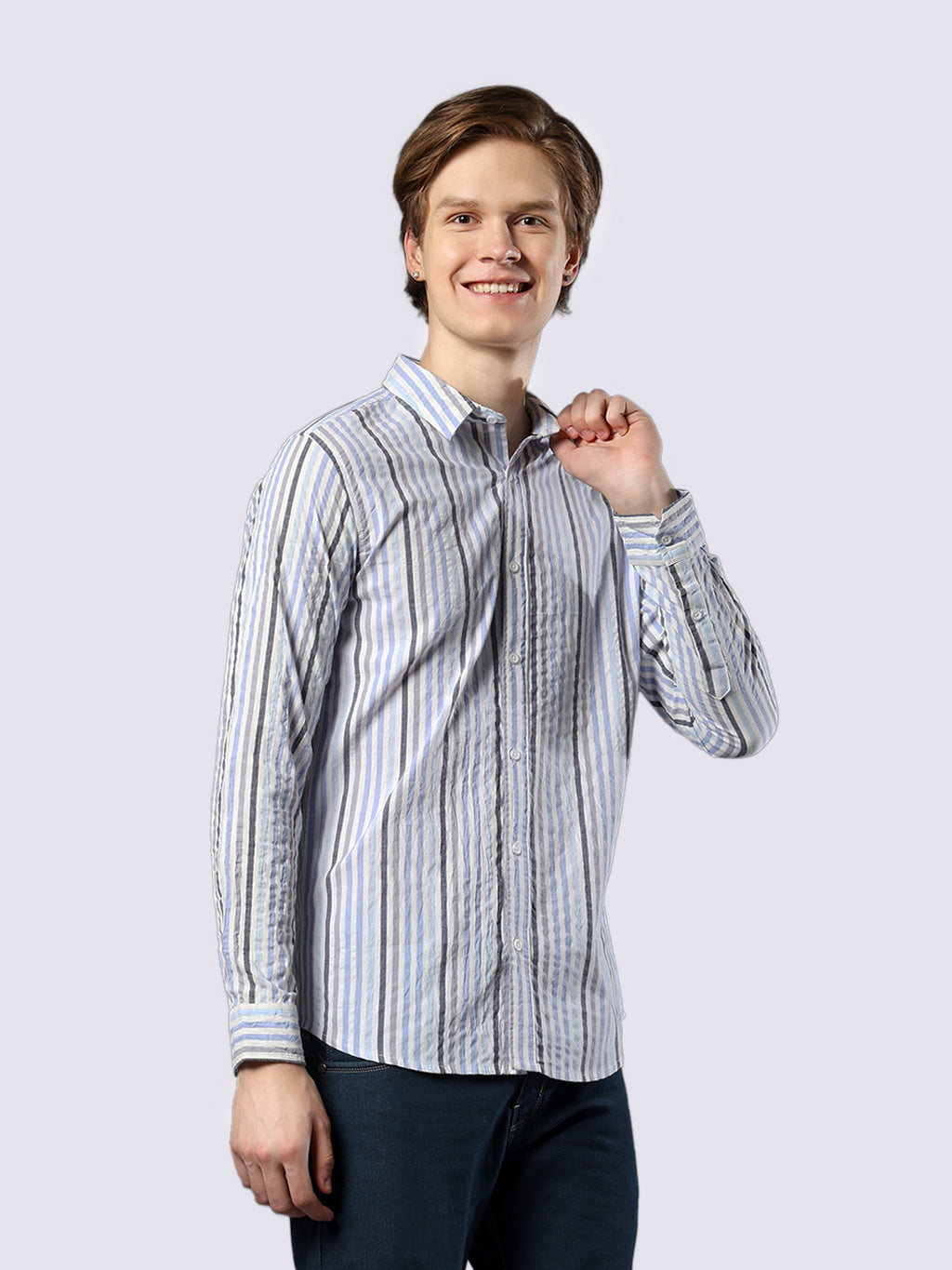 Men's Blue-Black Striped Pure Cotton Seersucker Shirt