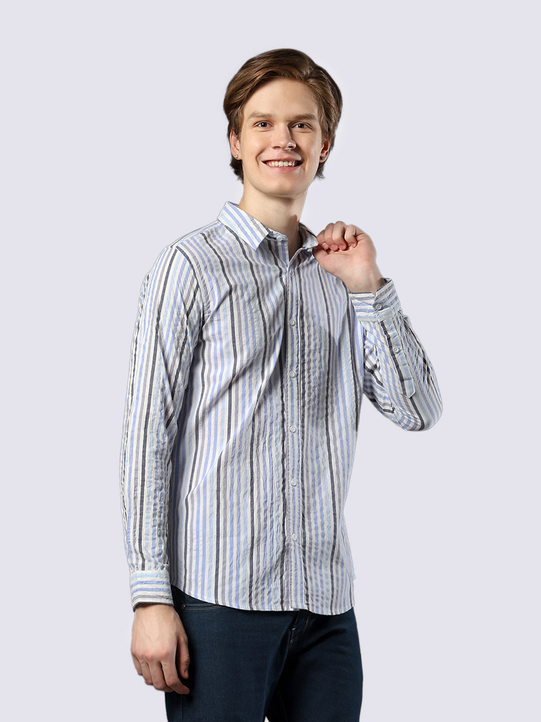 Men's Blue-Black Striped Pure Cotton Seersucker Shirt