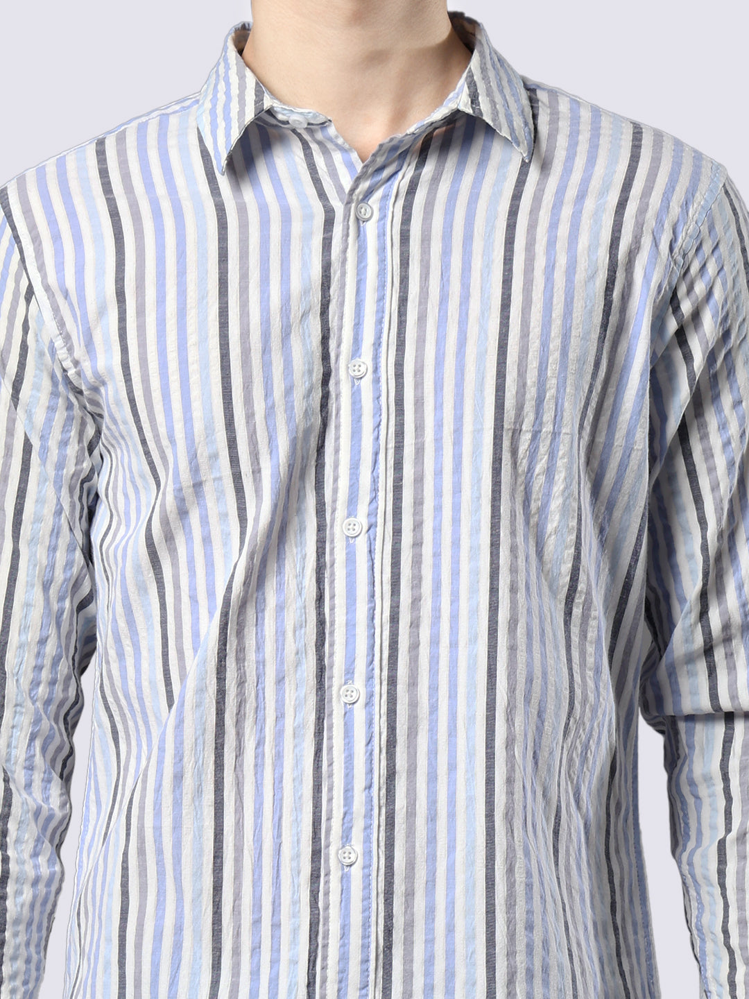 Men's Blue-Black Striped Pure Cotton Seersucker Shirt