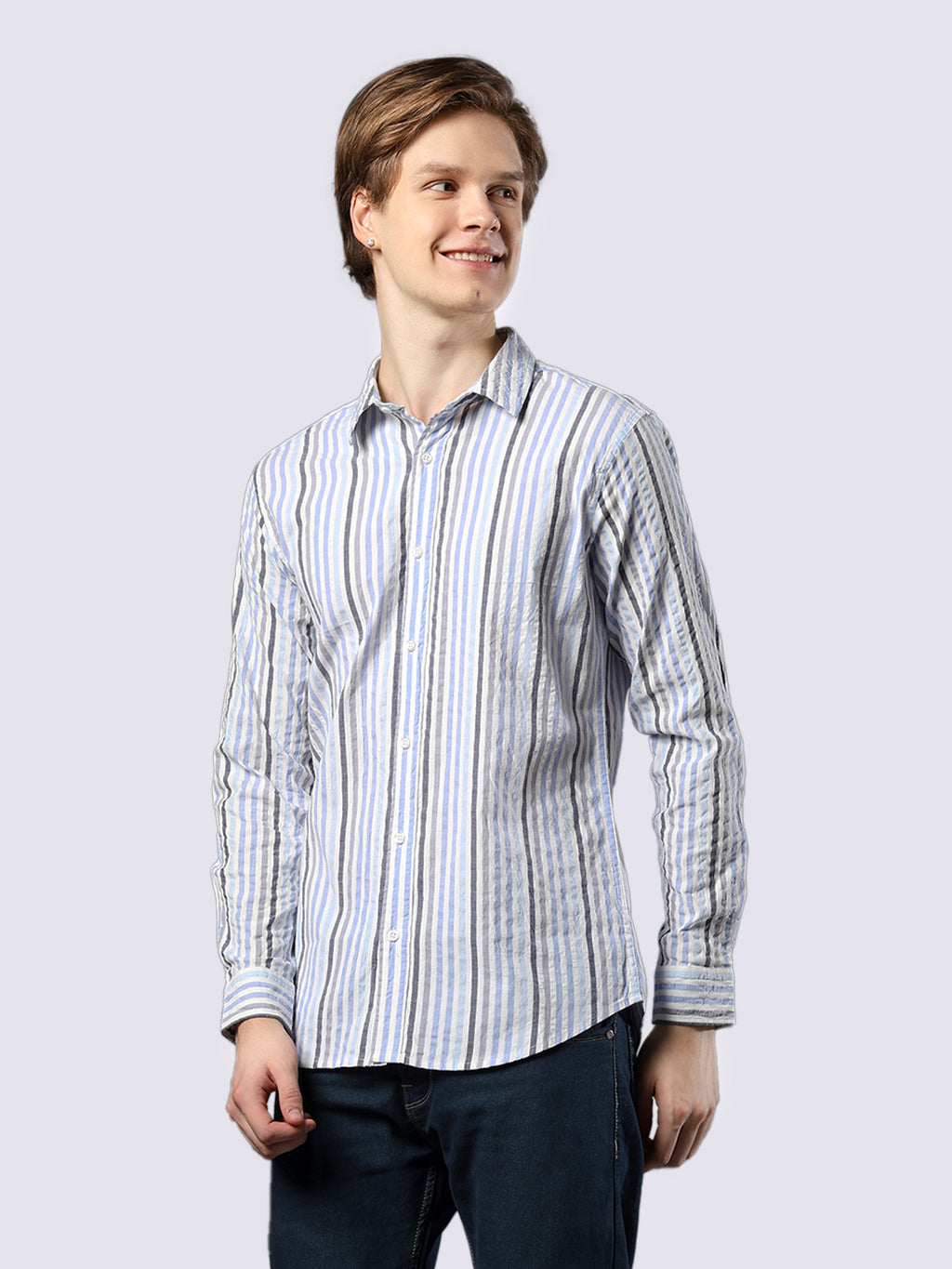 Men's Blue-Black Striped Pure Cotton Seersucker Shirt