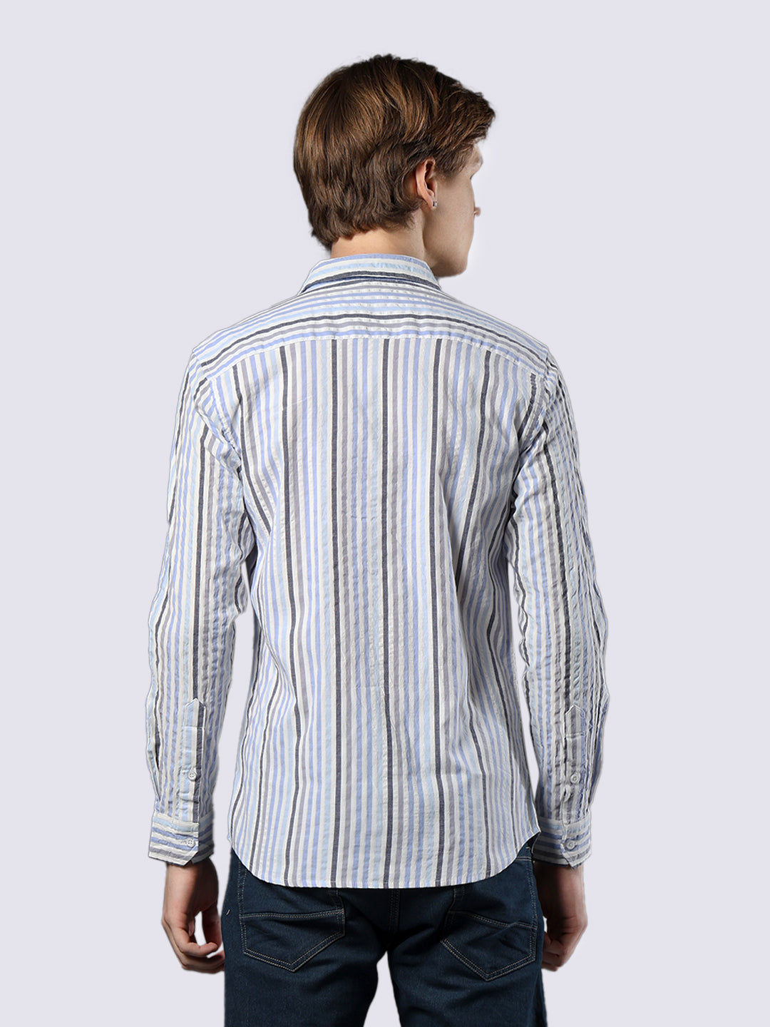 Men's Blue-Black Striped Pure Cotton Seersucker Shirt