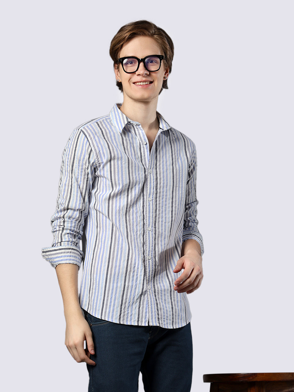 Men's Blue-Black Striped Pure Cotton Seersucker Shirt
