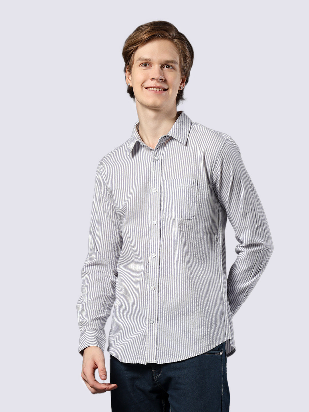 Men's Purple Striped Pure Cotton Seersucker Shirt