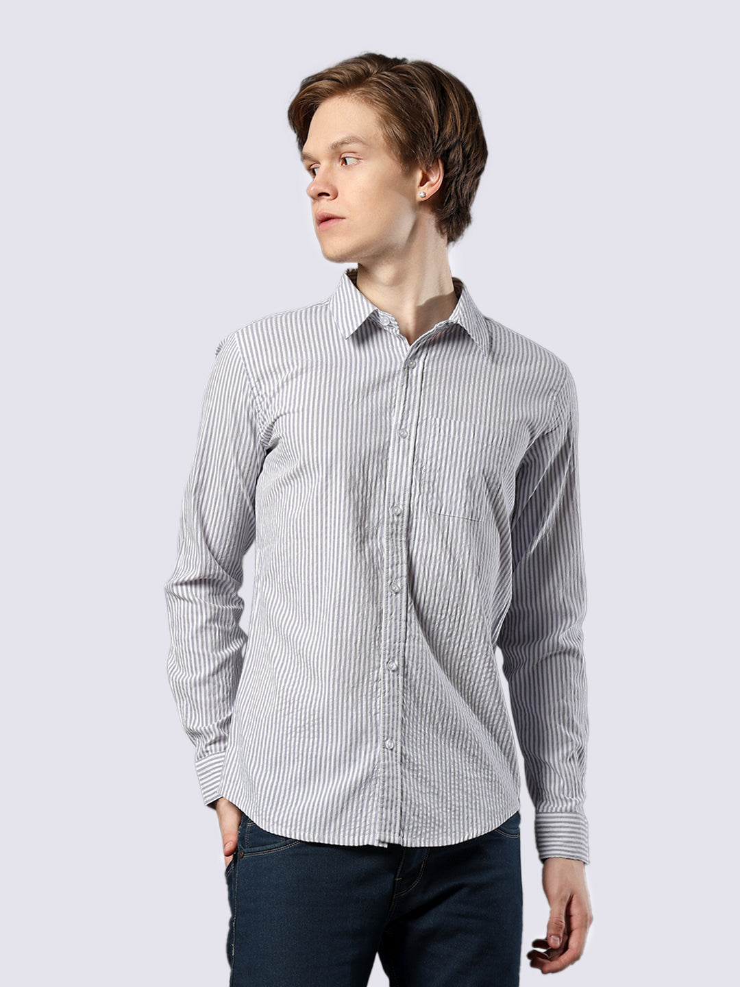 Men's Purple Striped Pure Cotton Seersucker Shirt