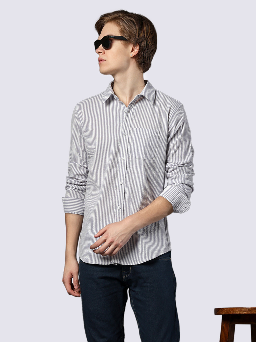 Men's Purple Striped Pure Cotton Seersucker Shirt