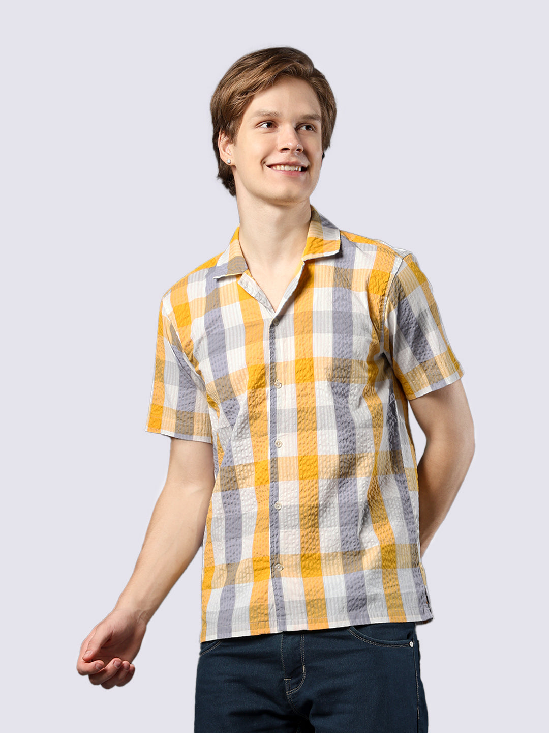 Men's Yellow Checked Pure Cotton Seersucker Shirt