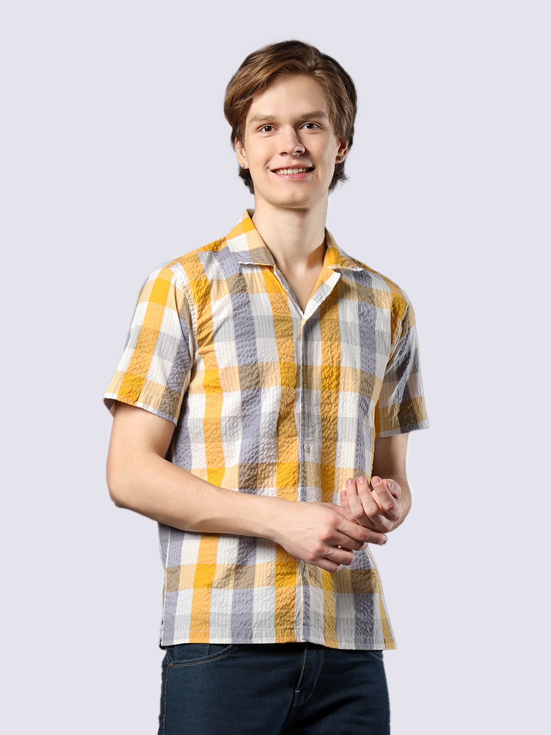 Men's Yellow Checked Pure Cotton Seersucker Shirt