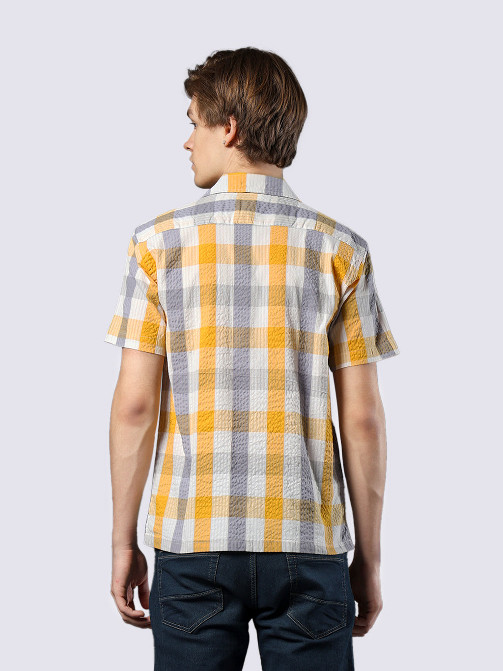 Men's Yellow Checked Pure Cotton Seersucker Shirt