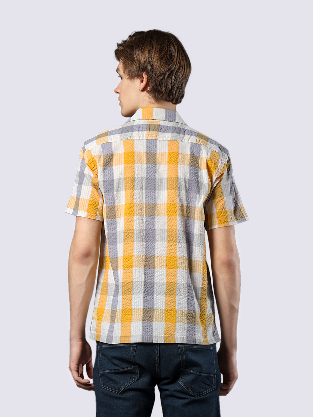 Men's Yellow Checked Pure Cotton Seersucker Shirt