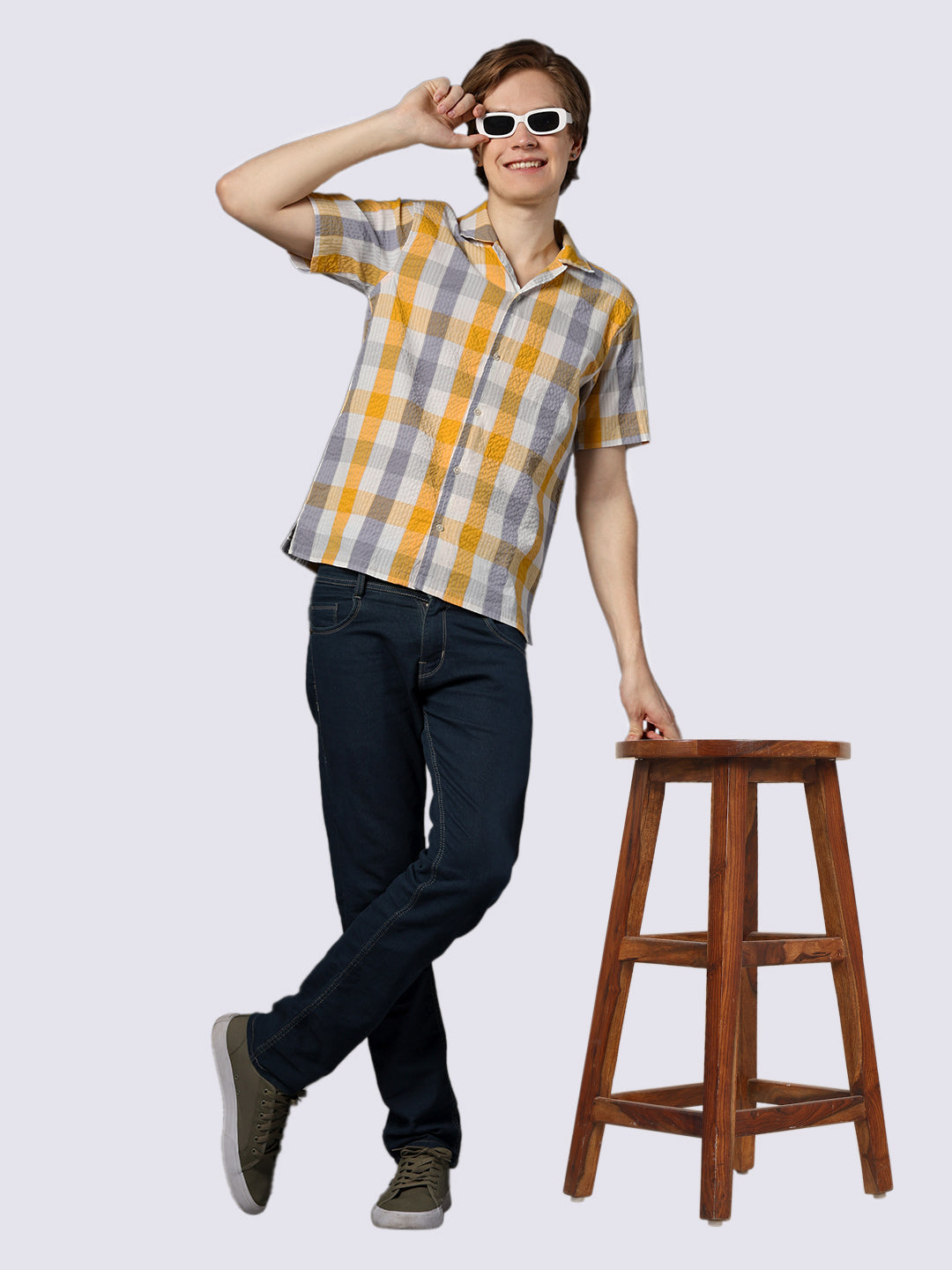 Men's Yellow Checked Pure Cotton Seersucker Shirt