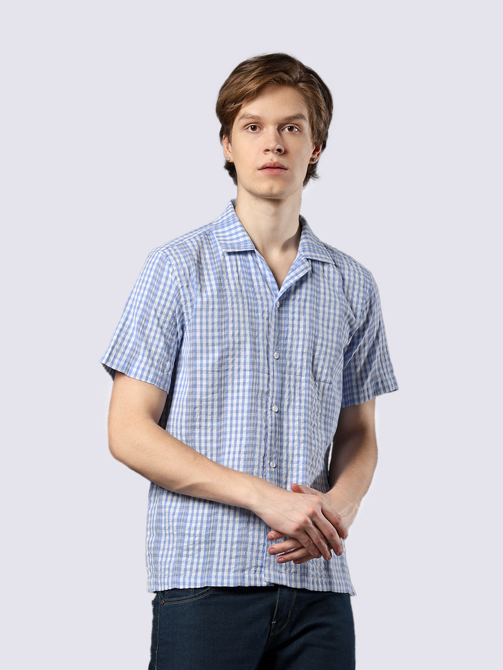Men's Blue Checked Pure Cotton Dobby Shirt