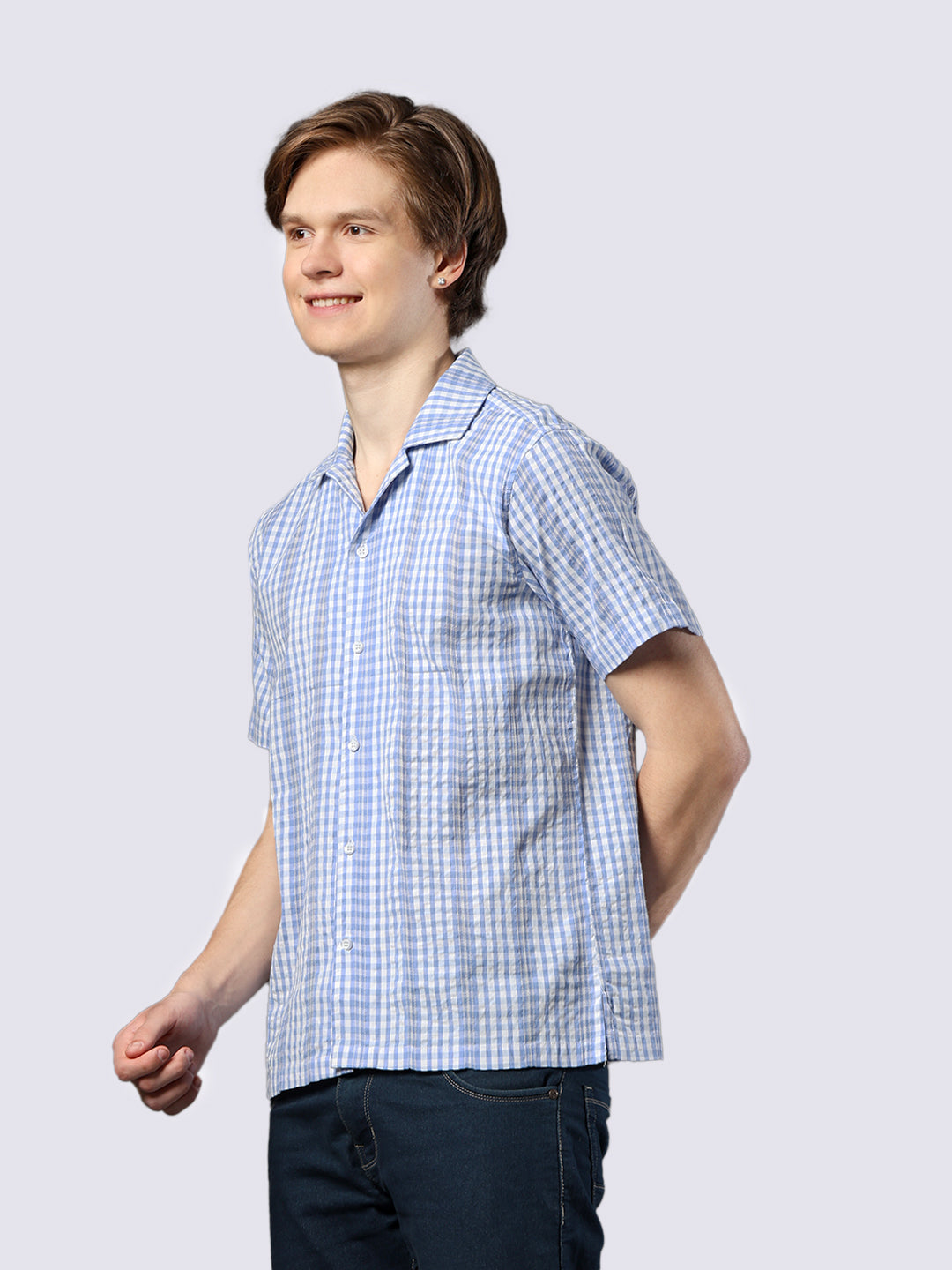 Men's Blue Checked Pure Cotton Dobby Shirt
