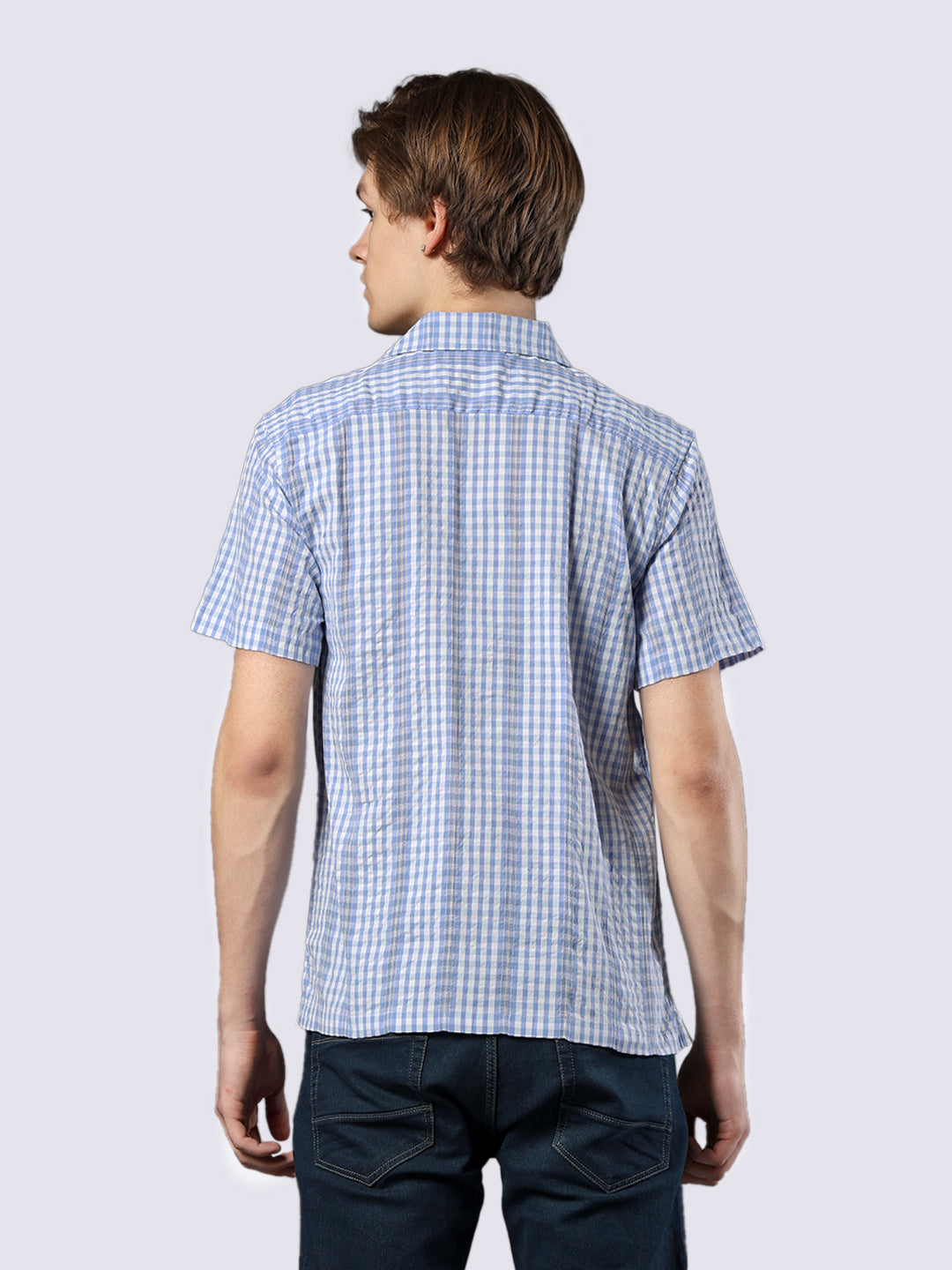 Men's Blue Checked Pure Cotton Dobby Shirt