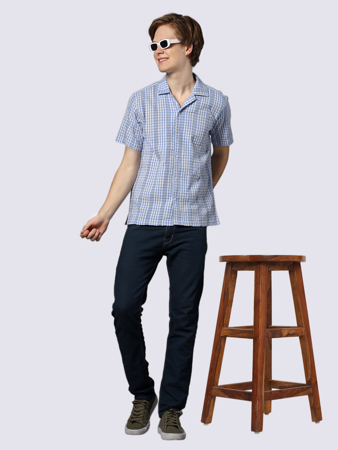 Men's Blue Checked Pure Cotton Dobby Shirt
