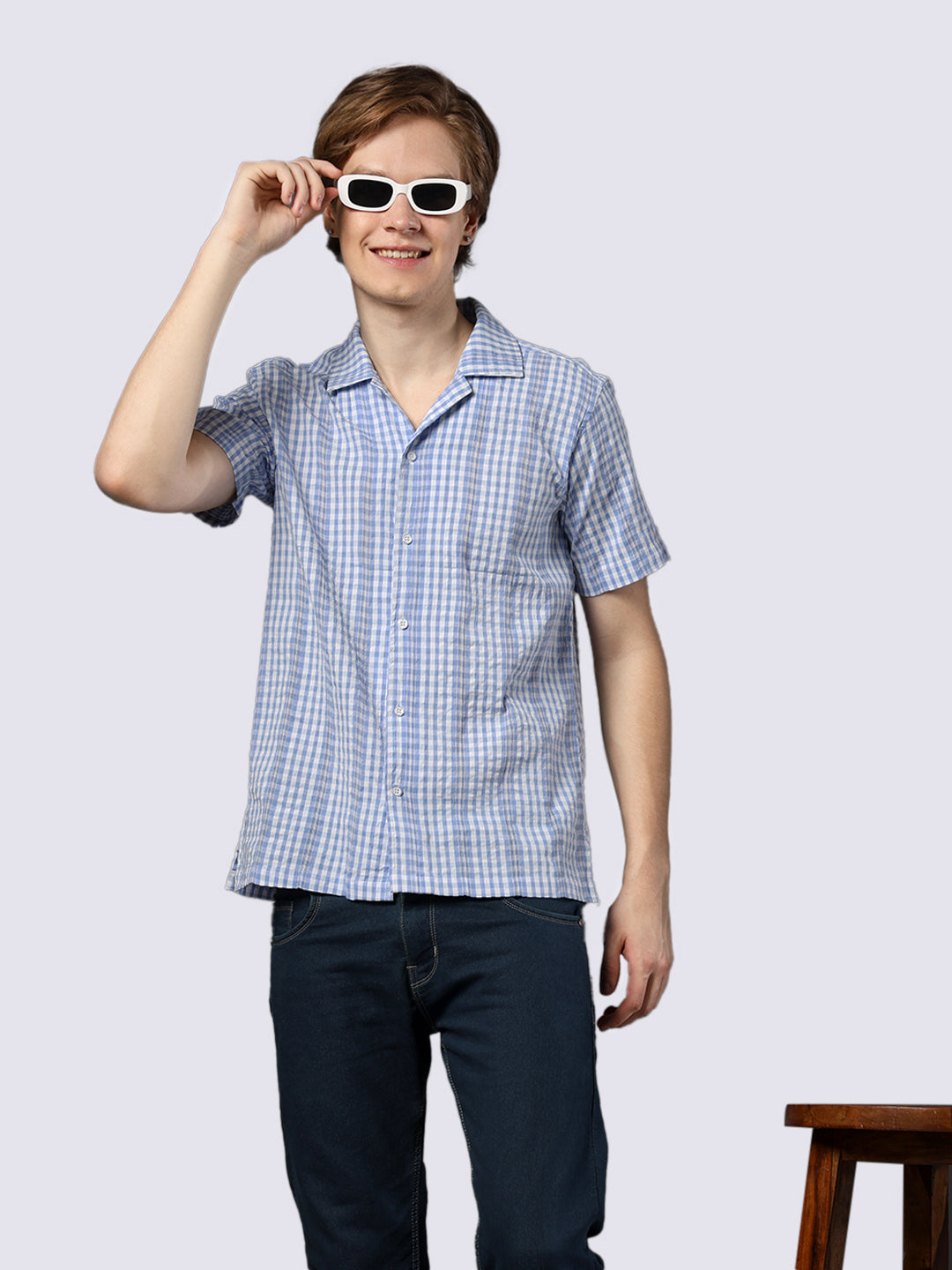 Men's Blue Checked Pure Cotton Dobby Shirt