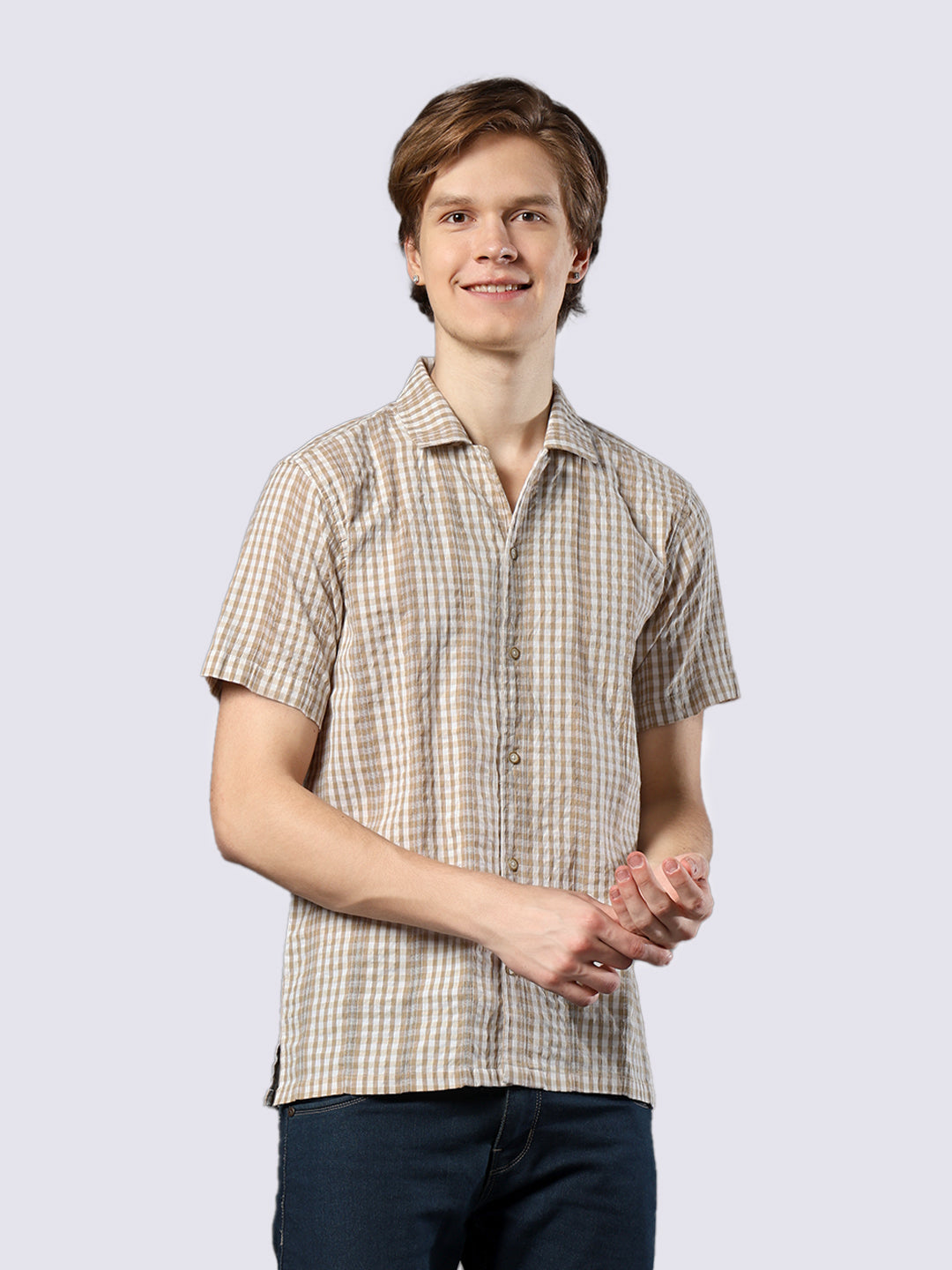 Men's Beige Checked Pure Cotton Dobby Shirt
