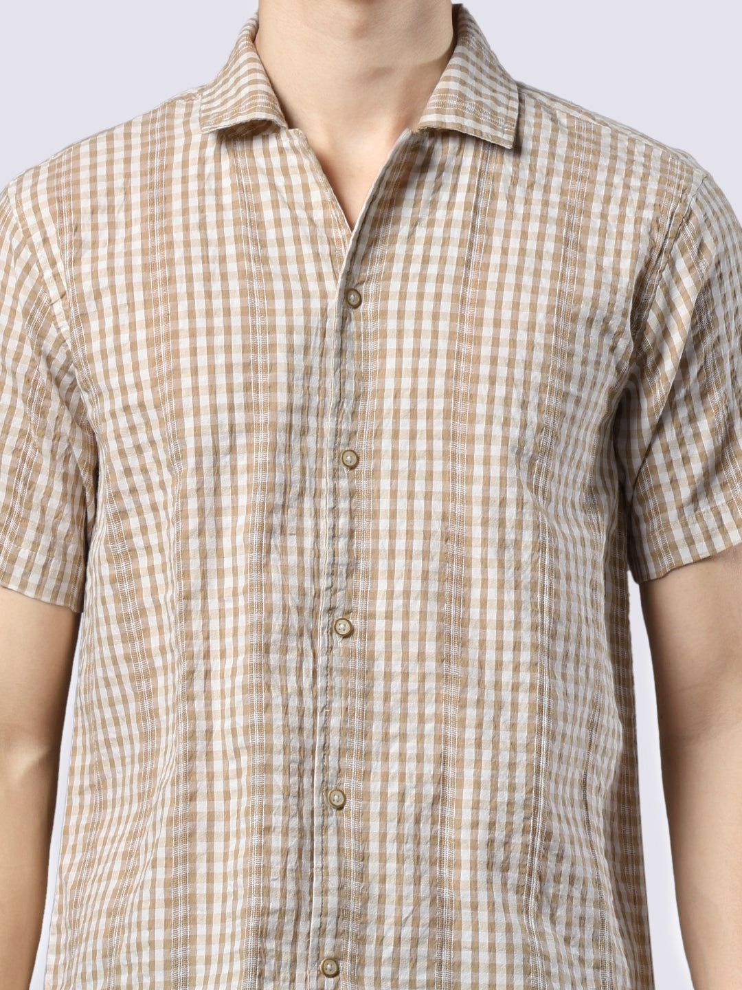 Men's Beige Checked Pure Cotton Dobby Shirt