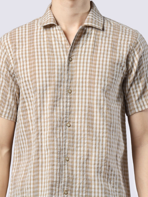 Men's Beige Checked Pure Cotton Dobby Shirt