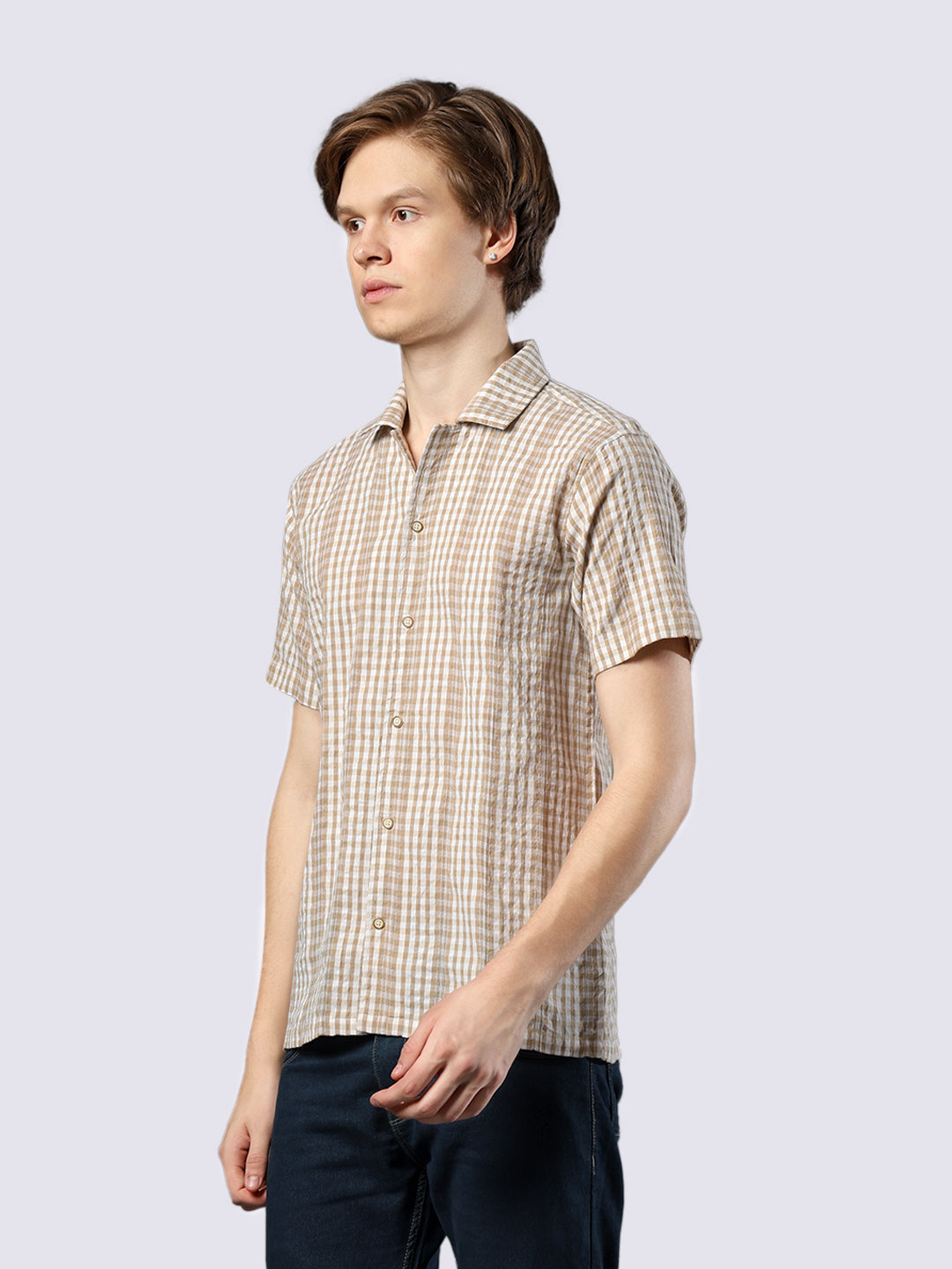 Men's Beige Checked Pure Cotton Dobby Shirt