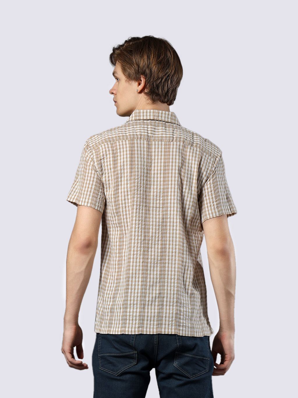 Men's Beige Checked Pure Cotton Dobby Shirt