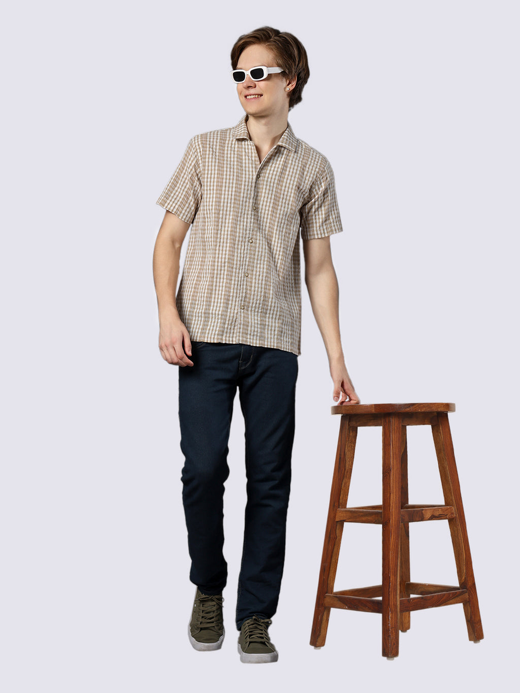 Men's Beige Checked Pure Cotton Dobby Shirt