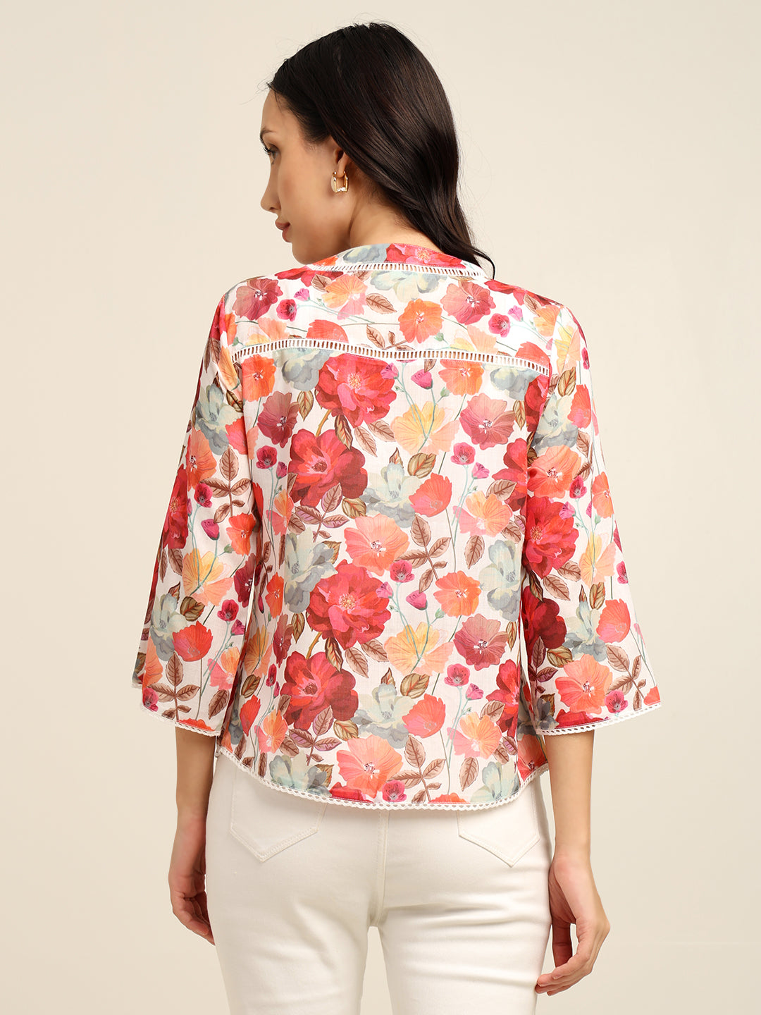 Women's Cambric Printed Top with Lace & Pintuck Detail