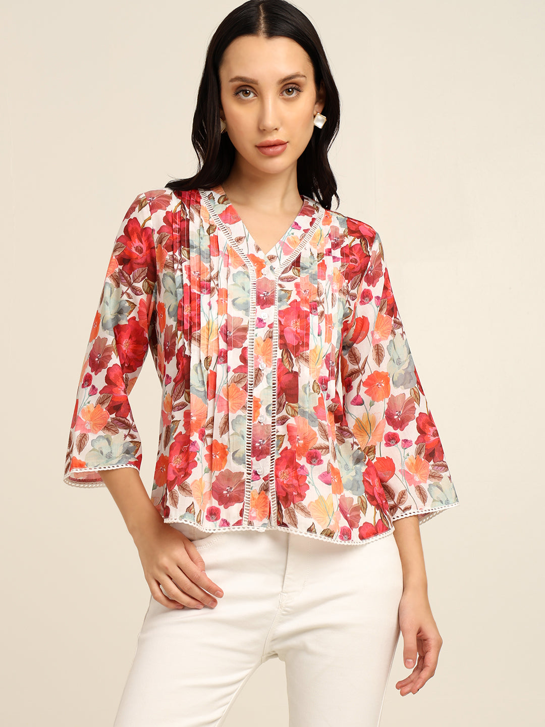 Women's Cambric Printed Top with Lace & Pintuck Detail