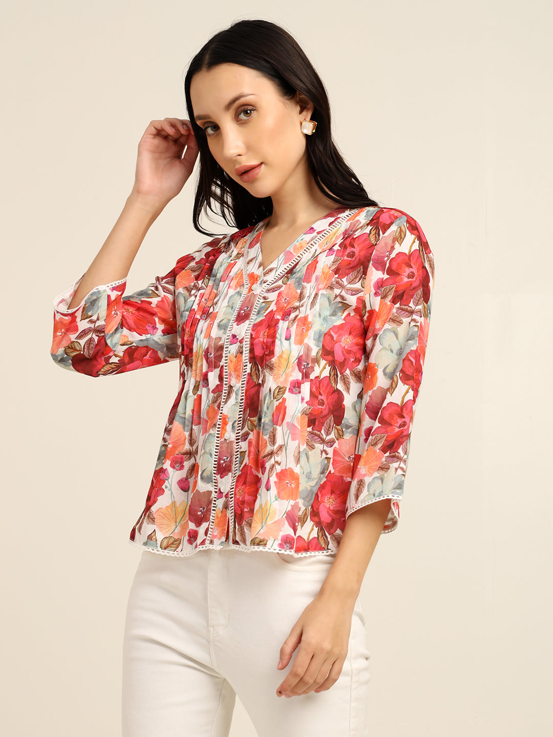Women's Cambric Printed Top with Lace & Pintuck Detail