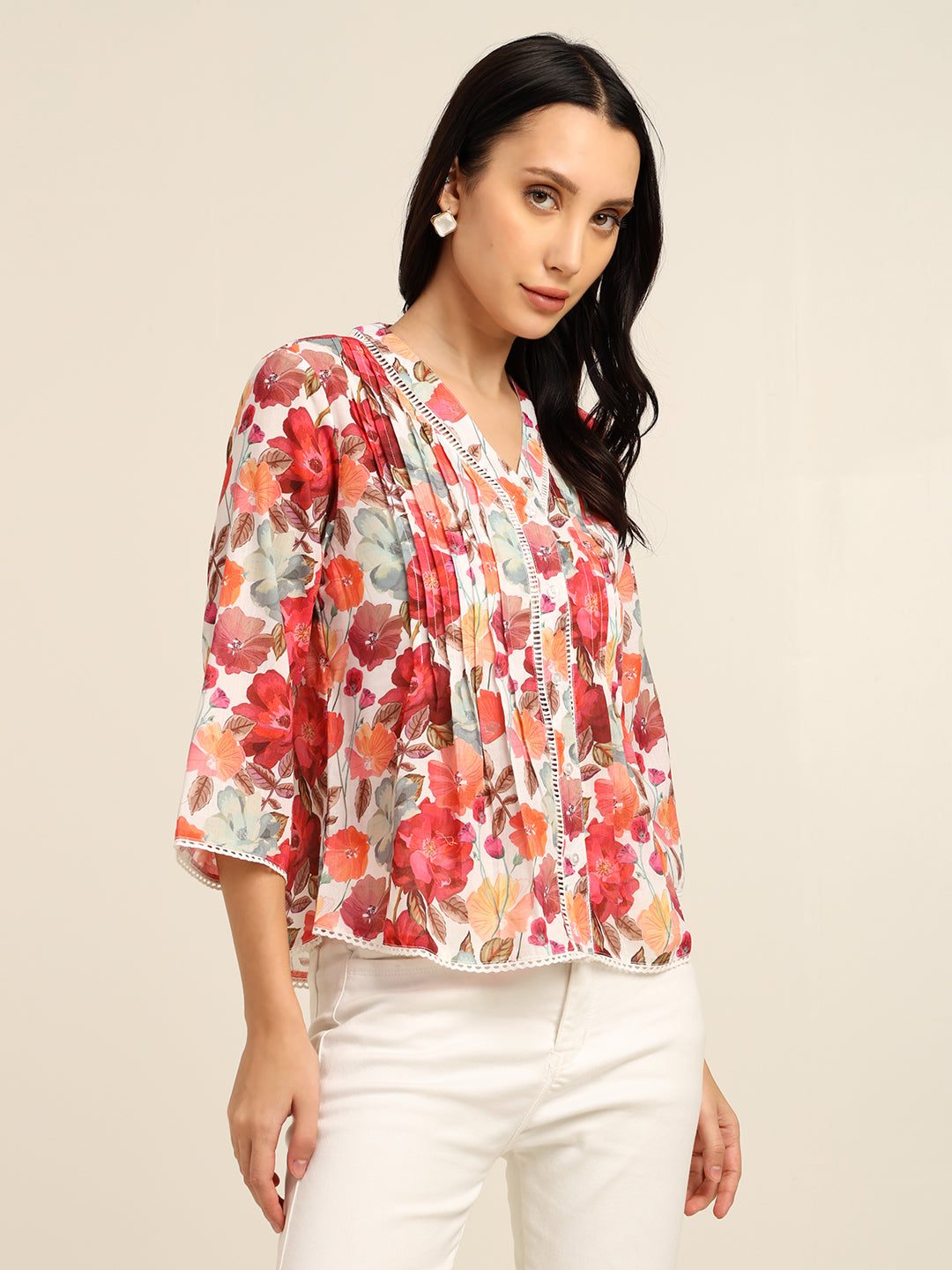 Women's Cambric Printed Top with Lace & Pintuck Detail