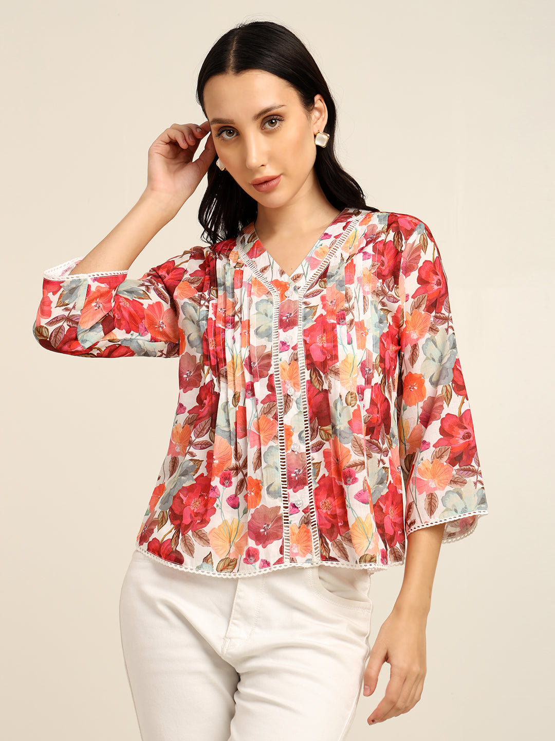 Women's Cambric Printed Top with Lace & Pintuck Detail