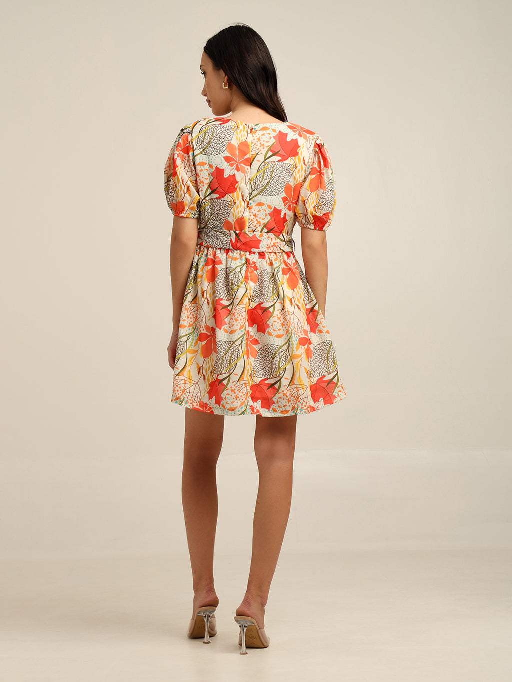 Floral Print Cambric Mini Dress with Puff Sleeves & Belt