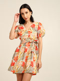 Floral Print Cambric Mini Dress with Puff Sleeves & Belt