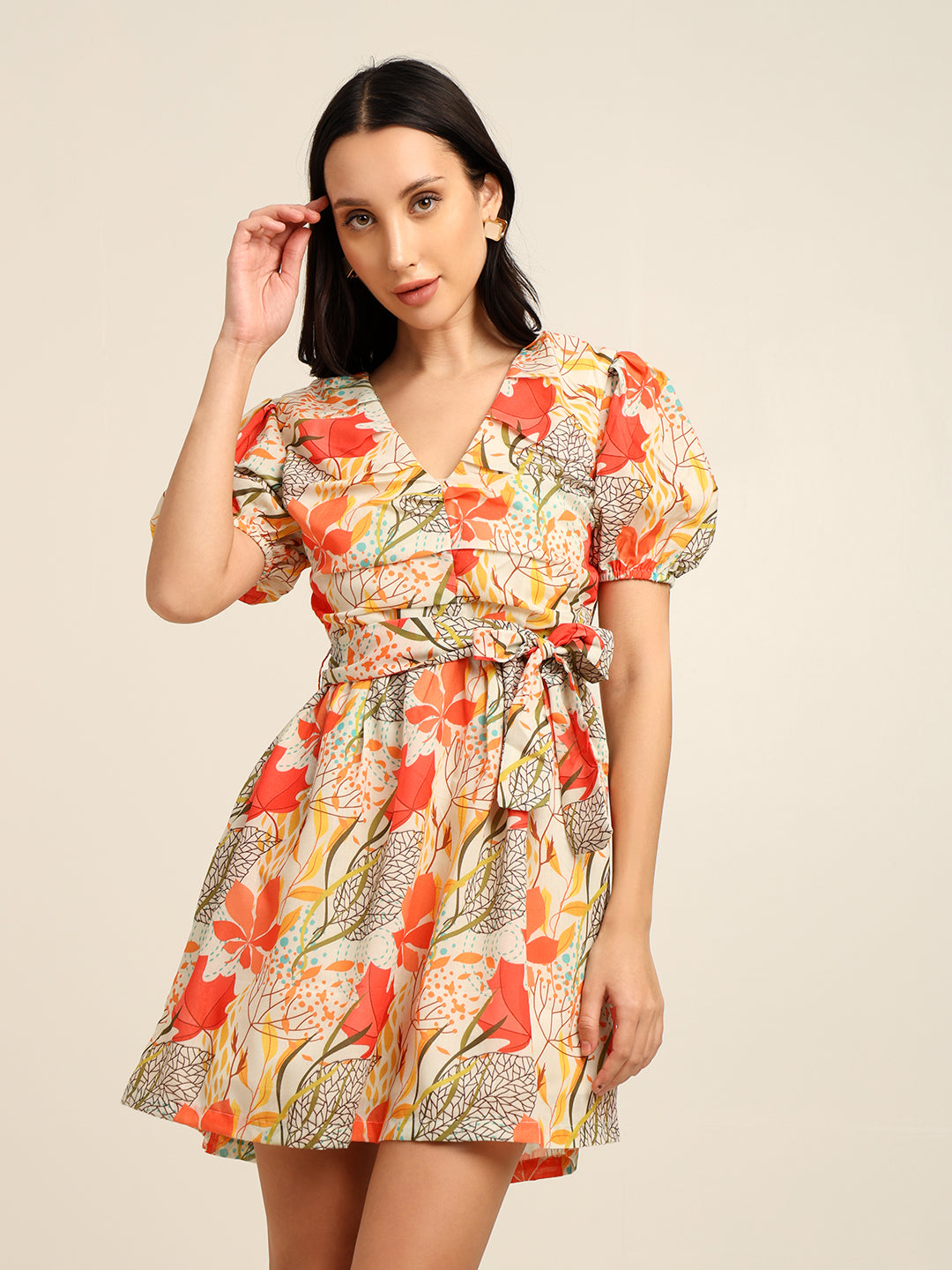 Floral Print Cambric Mini Dress with Puff Sleeves & Belt