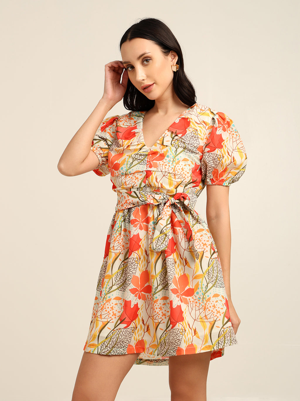Floral Print Cambric Mini Dress with Puff Sleeves & Belt